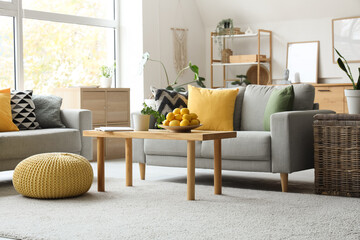Interior of modern living room with grey sofas and fresh lemons on coffee table