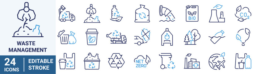 Waste Management web line icon. Recycling waste. Garbage disposal. Trash separation, waste sorting with further recycling. Editable stroke