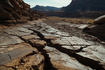Cracked earth in a desert canyon, showing erosion and geological formations under a clear sky.