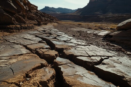 Cracked earth in a desert canyon, showing erosion and geological formations under a clear sky.