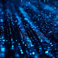 Abstract Blue Data Stream: A Futuristic Digital Landscape with Glowing Particles and Dynamic Flow