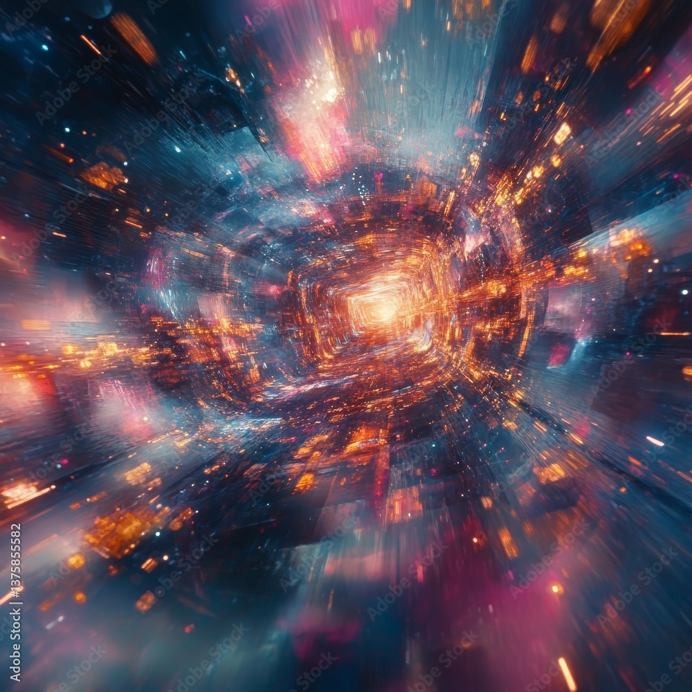 Poster abstract warp speed: blurring through a cosmic tunnel of glowing particles and vibrant hues.