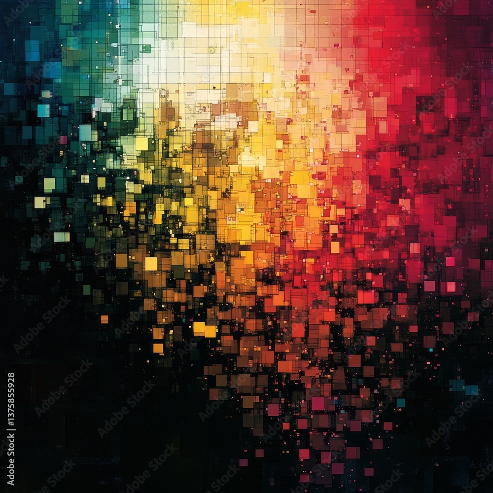Poster chromatic cascade: an abstract symphony of pixelated light, fading into shadowed depths and technolo