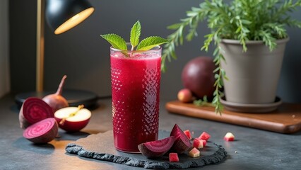 Refreshing beetroot juice with fresh mint garnish in cozy kitchen setting