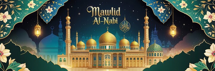 Luxurious Mawlid al-Nabi Celebration Design Featuring Grand Golden Mosque Arabic Calligraphy Islamic Lanterns Ornamental Floral Patterns. Starry Night Background for Religious Events Festive Greetings