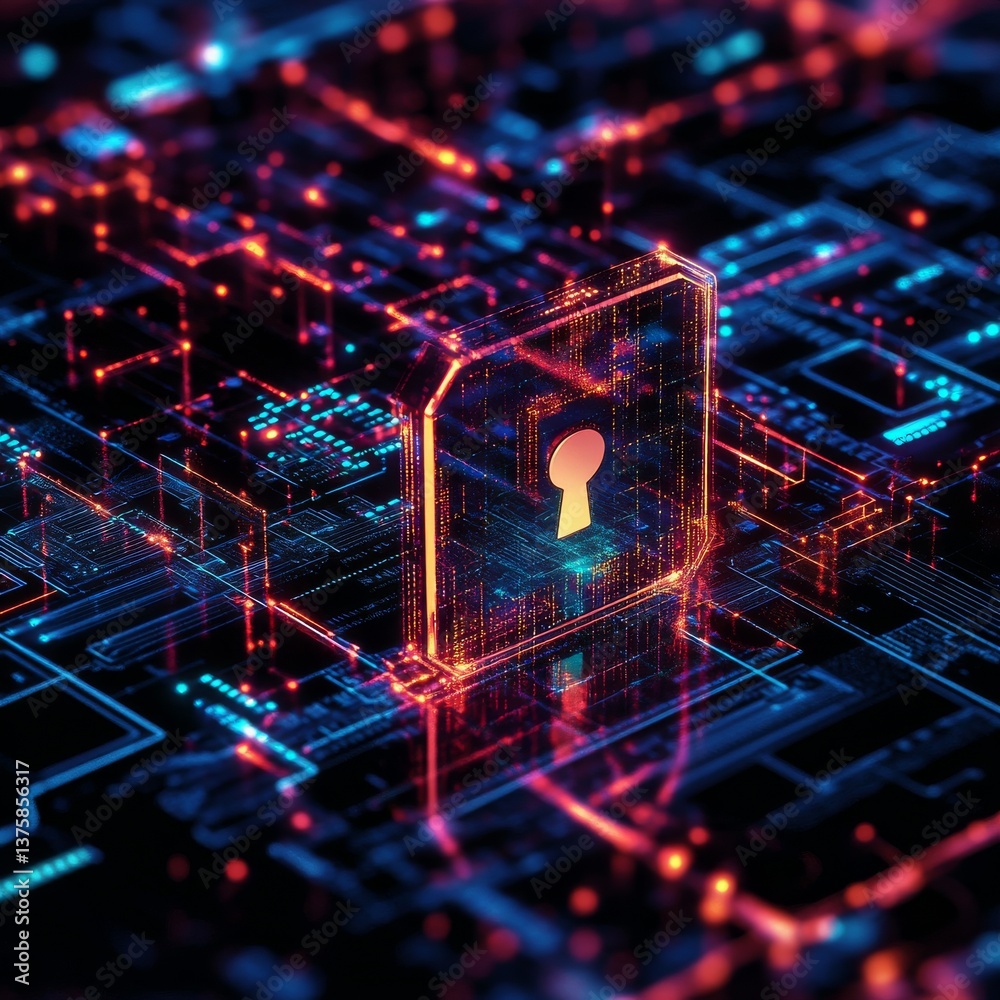 Poster cybersecurity lock: data protection on futuristic circuit board with glowing red and blue lights