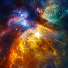 Obraz premium Cosmic Tapestry: A Vibrant Nebula Shimmers with Celestial Fire and Ice, a Dance of Blue, Gold, and Teal Across the Infinite Canvas of Space.