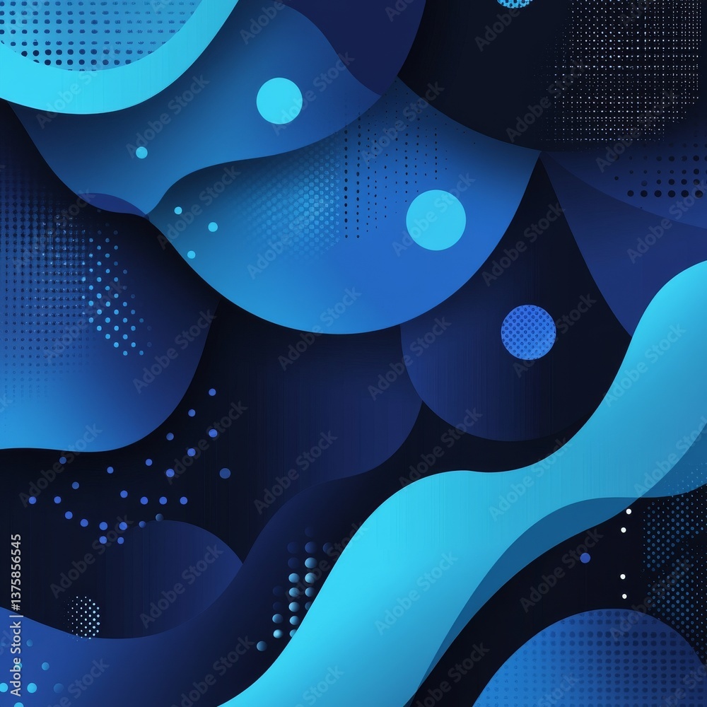 Poster ethereal blues: a modern abstract composition of curves, circles, and dot patterns in shades of azur