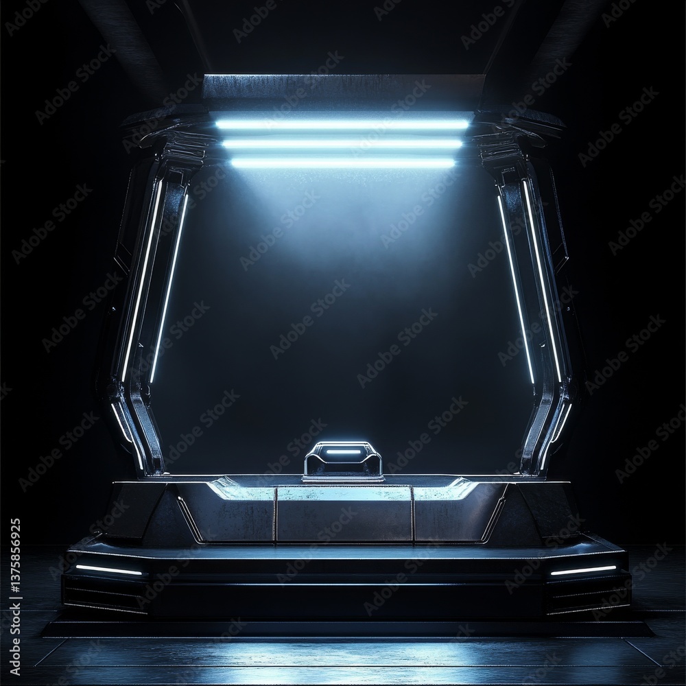 Poster futuristic neon-lit stage: dark sci-fi platform with glowing accents and empty space for projection 