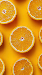 Fototapeta premium orange slices, fresh and juicy oranges, on a yellow background, top view, 