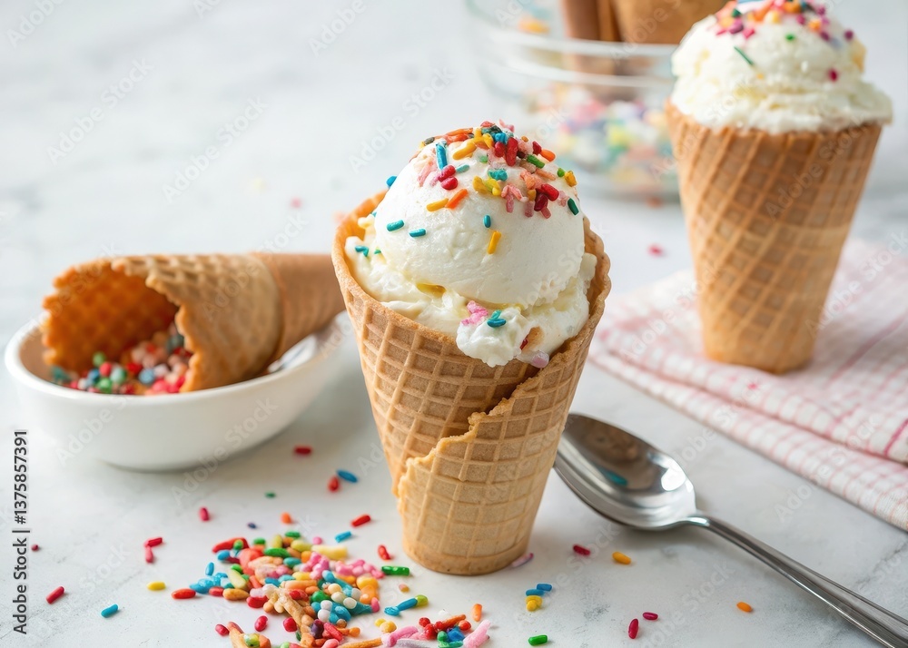 Poster two scoops of ice cream in waffle cones on a table, near colorful sprinkles and a small bowl of whit