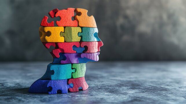 A colorful puzzle piece silhouette symbolizes the complexity of the human mind and the interconnectedness of thoughts and emotions.