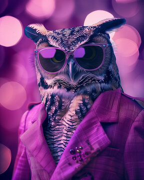 Portrait of an owl wearing purple sunglasses and a purple suit, with a bokeh background withpurple lights. Cute and funny animal cover