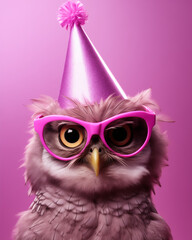 Cute birthday party invitation with happy owl wearing pink glasses and a party hat, against a solid color background in a purple color scheme.
