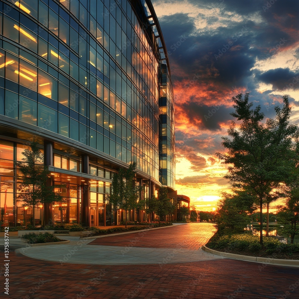 Poster modern architecture reflects fiery sunset: a captivating evening scene with glass building and textu