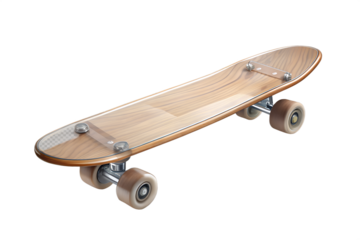 A high-quality, dynamic skateboard isolated on a transparent background. The skateboard features a sleek wooden deck, durable grip tape, and precision-designed wheels and trucks. The deck’s curvature 