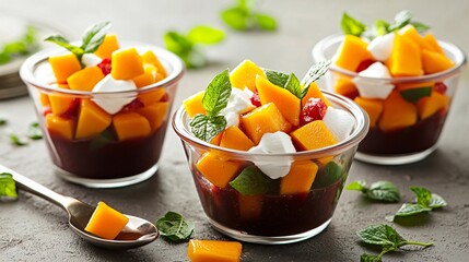 Refreshing mango desserts in clear cups with fruit and mint