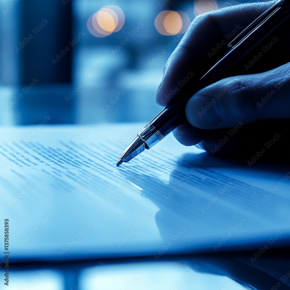 Poster signing the agreement: a close-up of a hand with a pen finalizing important documents in a modern of