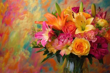 Vibrant bouquet of lilies, roses, and other flowers in a glass vase against a colorful background.