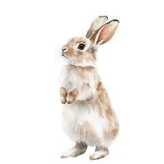 Fluffy watercolor rabbit standing on hind legs, isolated on white background