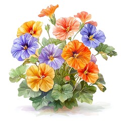 Vibrant Watercolor Painting of a Bouquet of Pansies in Orange, Yellow, and Purple.