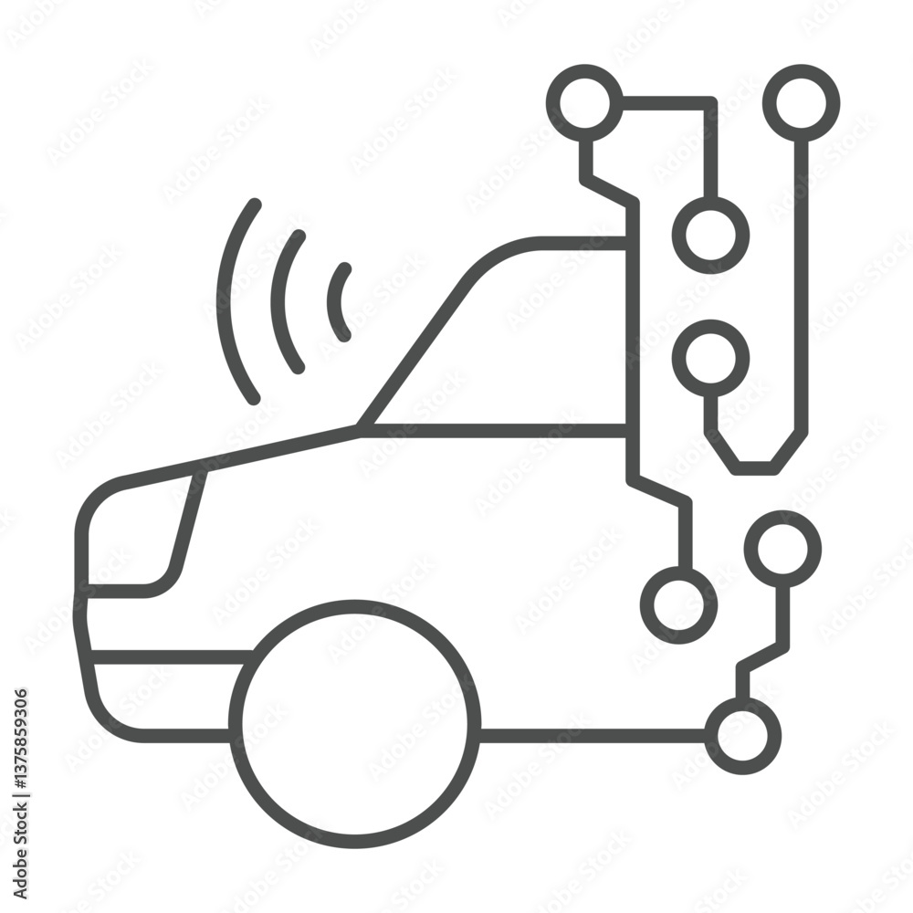 Poster car with wireless sensor circuit thin line icon, neural network concept. vector graphics. automobile