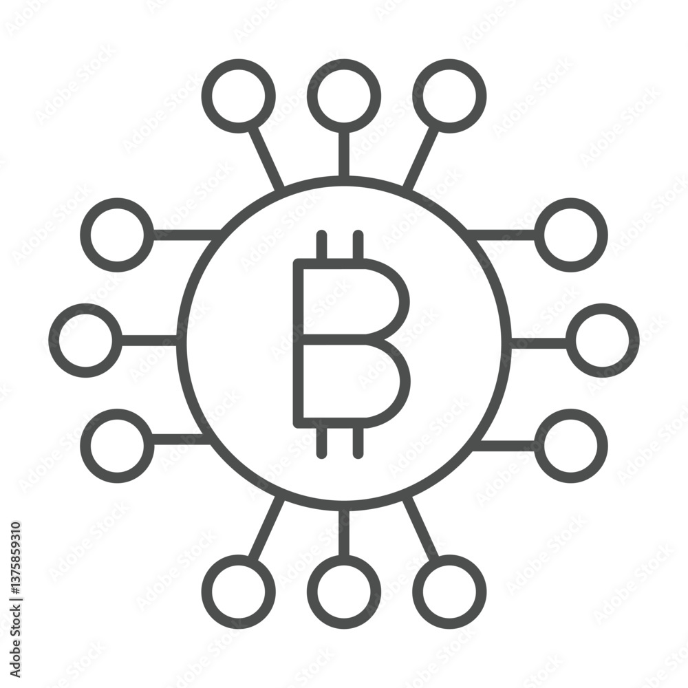 Poster bitcoin coin with connections thin line icon, neural network concept. vector graphics. coin microchi