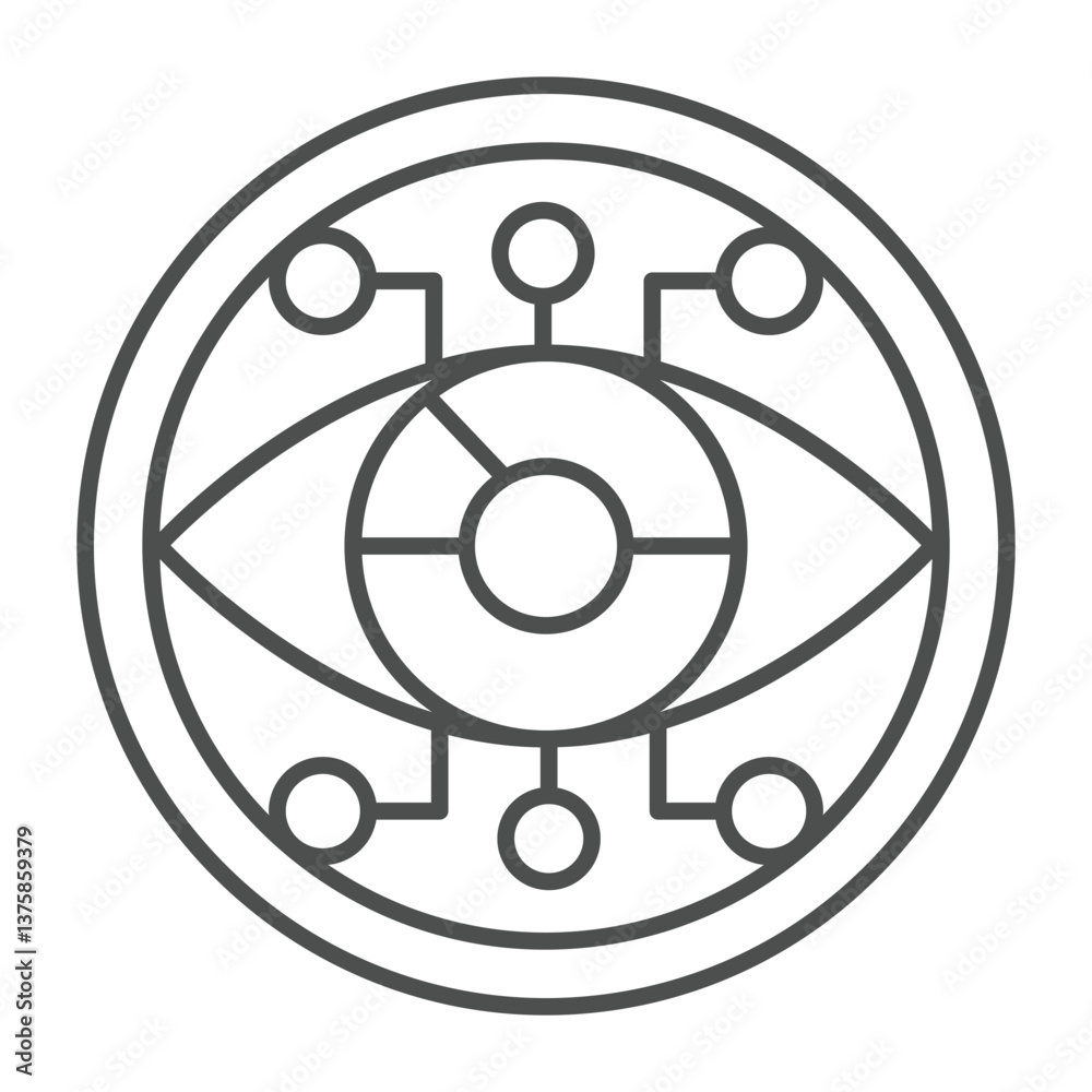 Poster eye circle with connections thin line icon, neural network concept. vector graphics. visual recognit