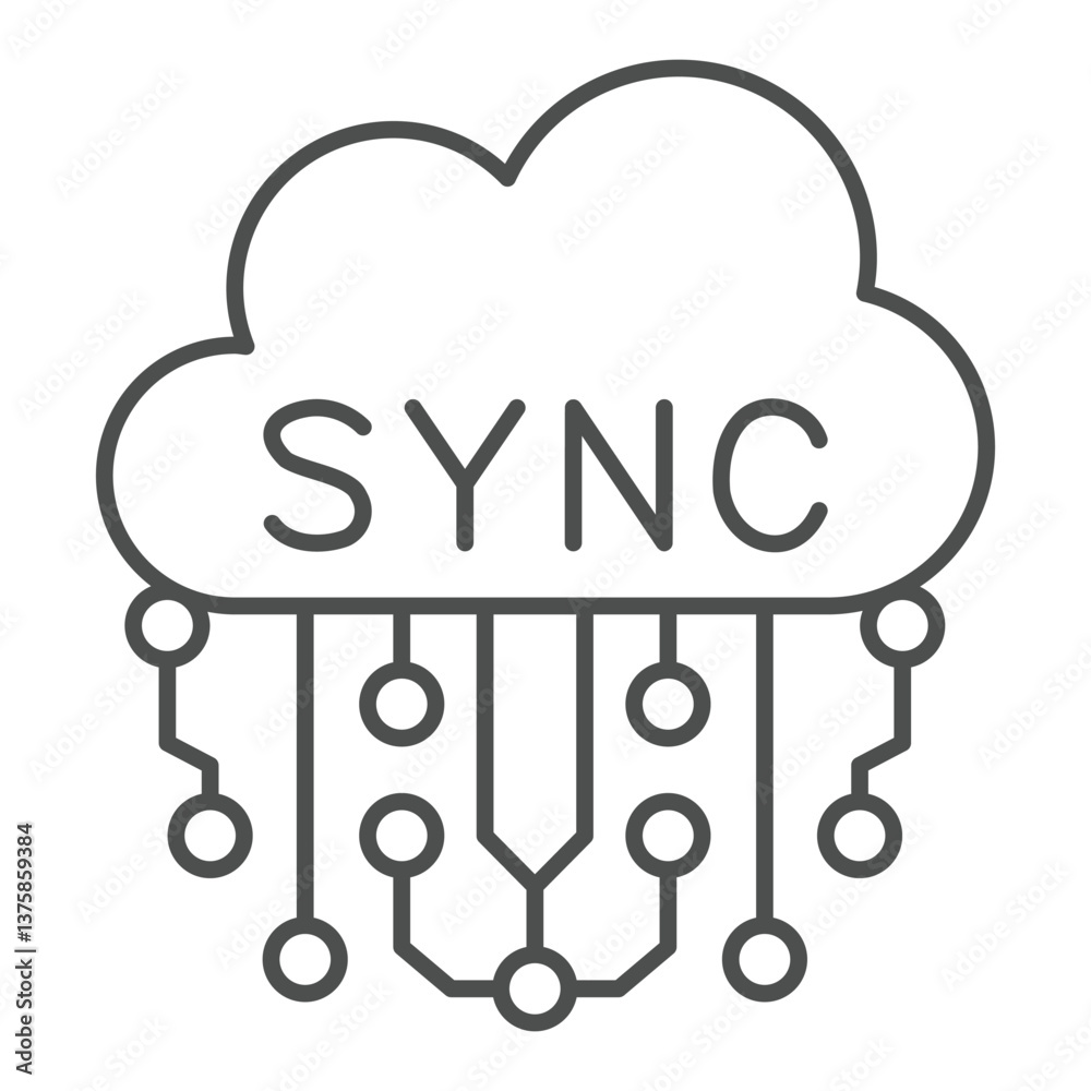 Poster cloud sync service and connections thin line icon, neural network concept. vector graphics. synchron