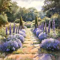 Fototapeta premium Serene Garden Path A Watercolor Painting of Lavender and Stone.