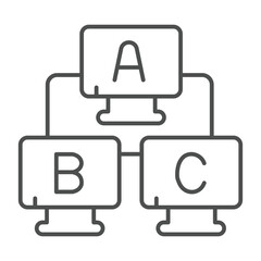 Three desktop monitors with letters thin line icon, neural network concept. Vector graphics. Local area wired connection sign on white background, outline style icon for mobile or web design.