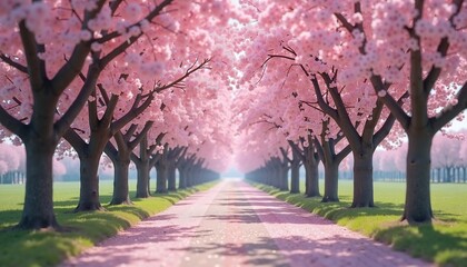 Romantic Cherry Blossom Pathway in Bloom, Symbolizing Serenity and Renewal