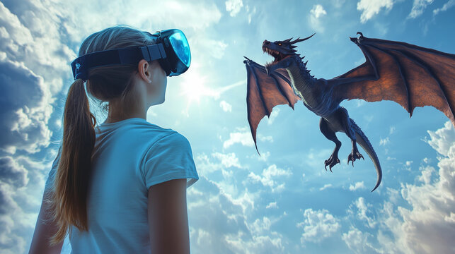 Girl with VR headset and dragon