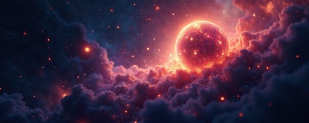 Obraz premium Glowing orb suspended in the depths of a nebula, surrounded by swirling cosmic dust and gas , starry background, celestial object, cosmic dust
