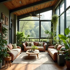 Fototapeta premium Modern living room with wooden furniture and a scenic view