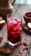 Refreshing cold beet juice in a glass with ice on rustic wooden table