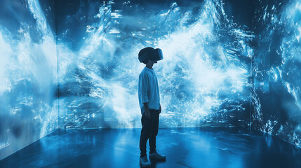 Fototapeta premium Interactive digital technology, teenager explores world using VR headset, experience virtual reality