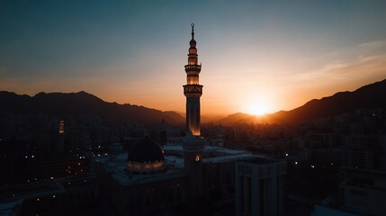 Obraz premium Majestic Mosque Tower at Dawn with cityscape in background