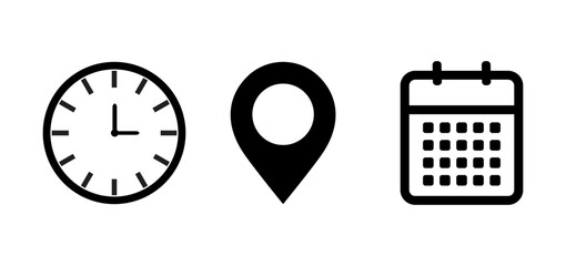 Fototapeta premium vector illustration of a clock, location, calendar, Time location and calendar icons, Event planning symbols in black, Schedule and appointment vector set, Simple time date and place icons.