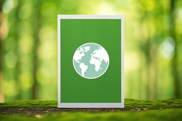 A green message of global unity and environmental responsibility stands proudly in a lush forest, symbolizing our planet's delicate beauty with soft natural lighting and a blurred background.
