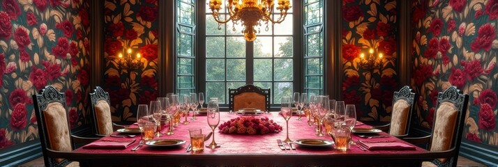 Elegant dining room with floral wallpaper and grand chandelier