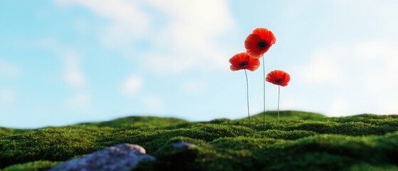 Obraz premium Banner with red poppies flower and lush green moss under beautiful sky background. Organic textures concept scene. Backdrop with copy space for product stand display, advertising, mockup or etc.