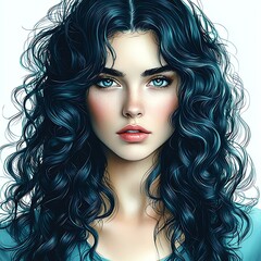Portrait of a Woman with Long, Curly Dark Hair. A stunning illustration of a young woman with flowing teal locks.