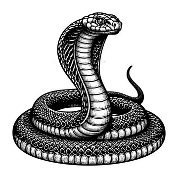 Cobra snake engraving black and white outline. Scratch board imitation.
