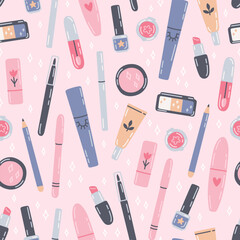 Pattern with cosmetics. Seamless texture with Face makeup tools illustrations in flat style. Cute cartoon beauty products. Vector hand-drawn pattern on pink background	