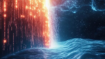 Digital waterfall cascading into a vast and cosmic watery expanse