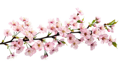 Blooming Cherry Blossom Branch Detail with Delicate Pink Petals on Transparent