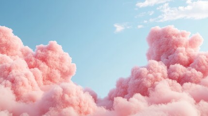 Dreamy Cotton Candy Clouds: The image depicts a mesmerizing panorama of fluffy pink clouds against a vibrant azure sky, reminiscent of a dreamy, cotton candy confection.