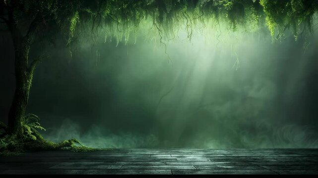 Mystical forest stage background video footage. Magic woodland platform for advertising product showcase. Foggy, mysterious woods backdrop clip. Dark green, peaceful mood.