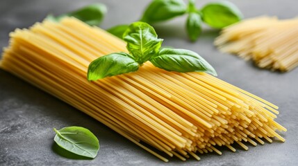 Stylish food photography featuring spaghetti pasta elegantly fanned out on a deep matte plate, with fresh basil leaves scattered around